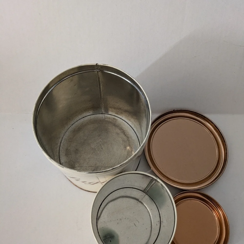 Vintage Decoware Metal Tin Sugar and Tea Canisters Cream Brass/Gold.